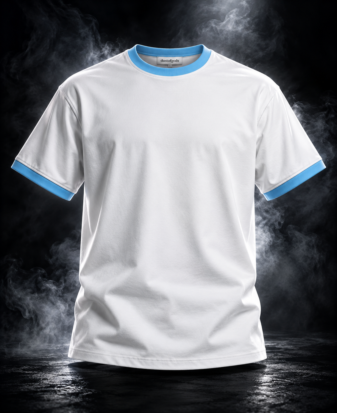 White Originals contrast-rib unisex T-shirt, front view with sky blue rib trim and dustofgods neck label