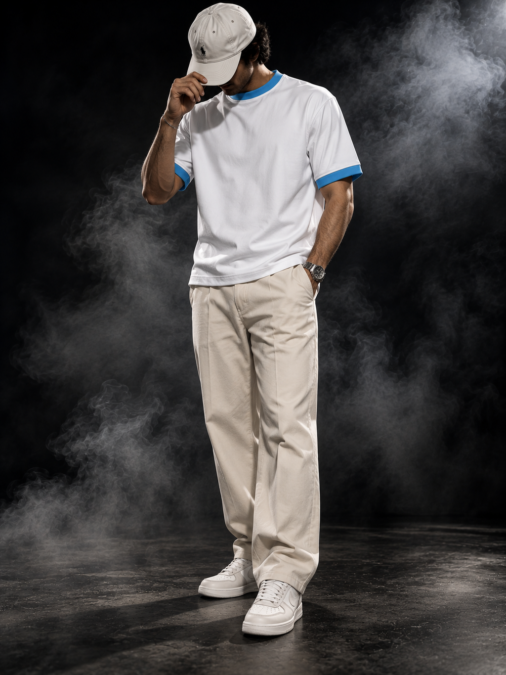 The Originals contrast-rib unisex T-shirt styled on a model, white with sky blue rib trim