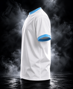 White Originals contrast-rib unisex T-shirt, side detail showing sky blue rib trim
