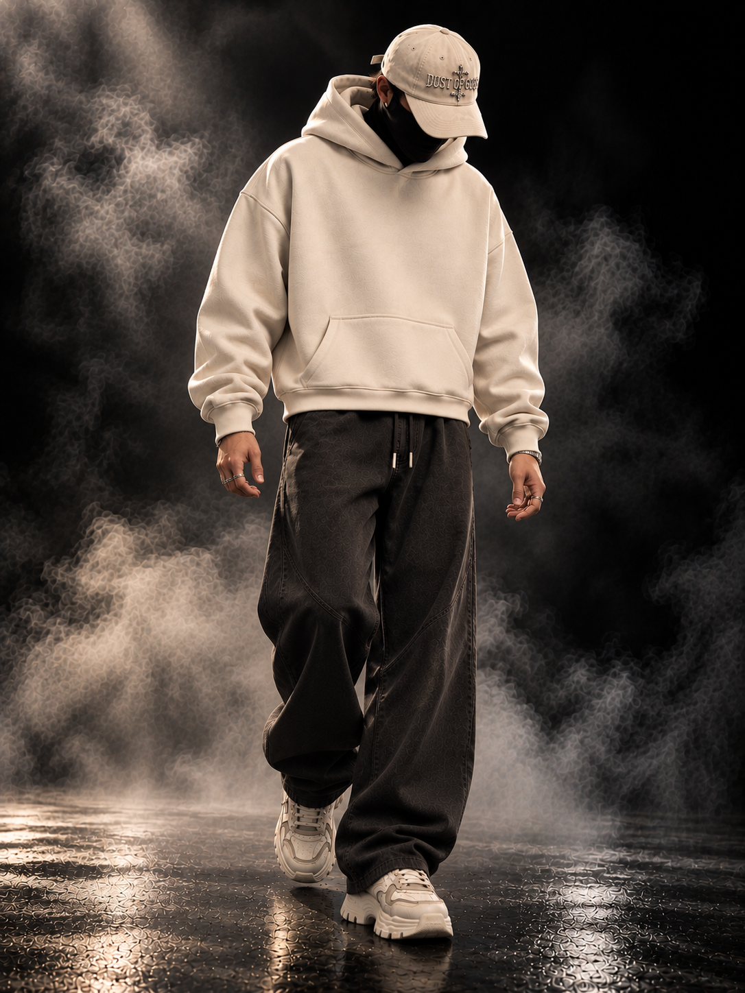 DUSTOFGODS Originals creamy boxy unisex hoodie styled on model