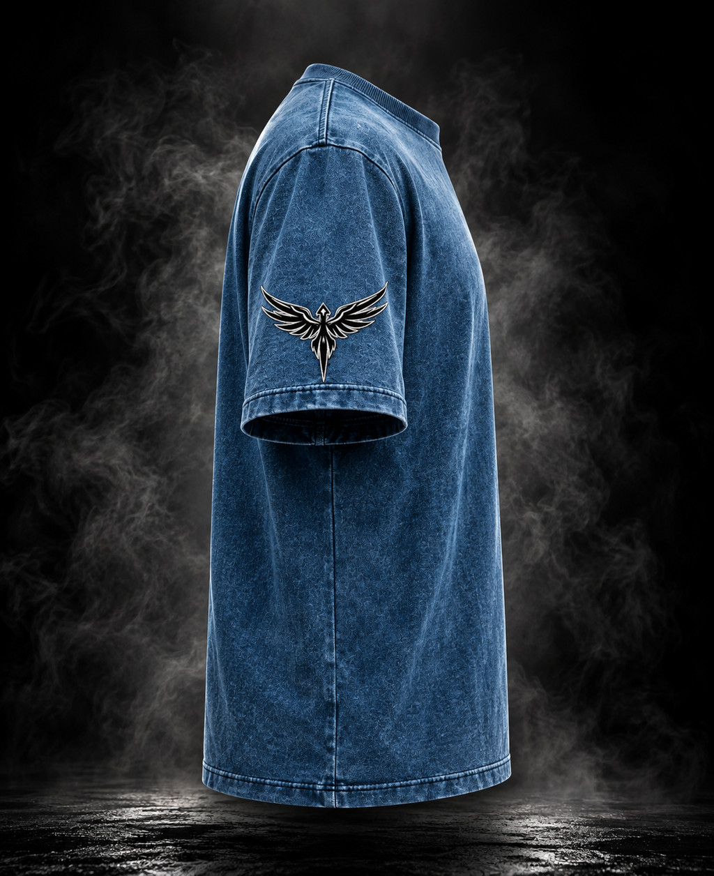 DUST OF GODS Originals Denim blue T-shirt side view with wing emblem sleeve detail
