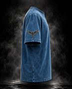 DUST OF GODS Originals Denim blue T-shirt side view with wing emblem sleeve detail