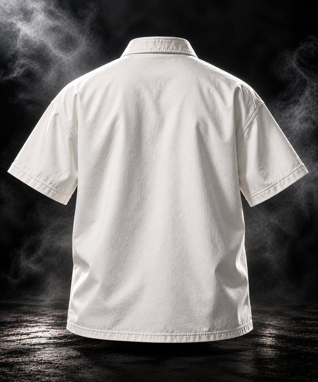 DUST OF GODS Originals heavyweight boxy shirt off white front three quarter view with chest logo