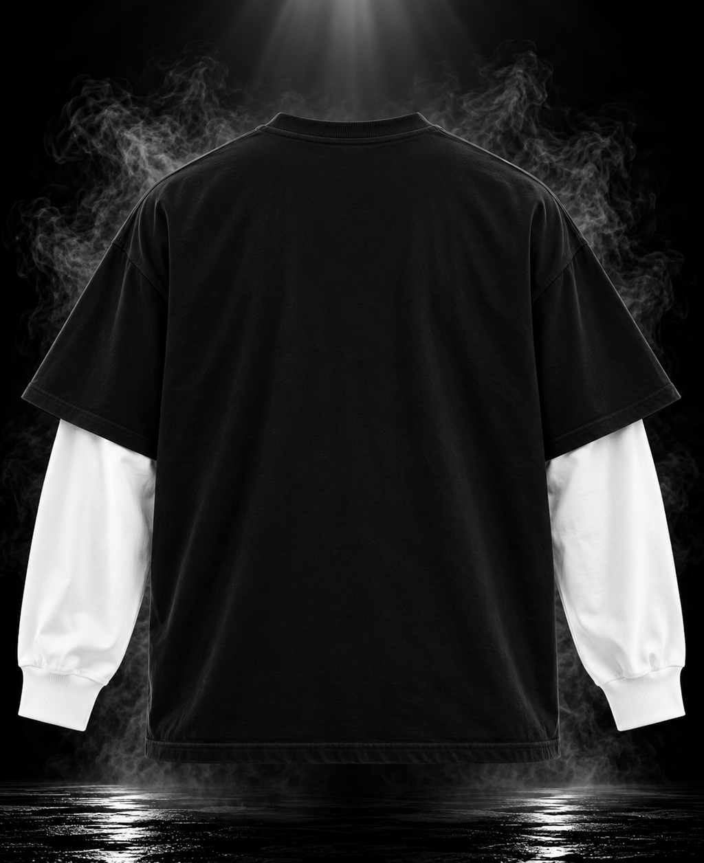 DUSTOFGODS Originals layered sleeve black oversized unisex T-shirt back view with white long sleeves