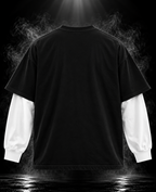 DUSTOFGODS Originals layered sleeve black oversized unisex T-shirt back view with white long sleeves