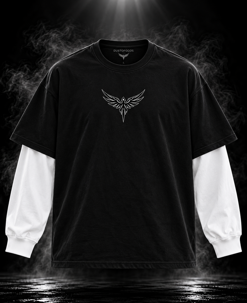 DUSTOFGODS Originals layered sleeve black oversized unisex T-shirt front with white long sleeves and wing graphic