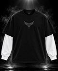 DUSTOFGODS Originals layered sleeve black oversized unisex T-shirt front with white long sleeves and wing graphic