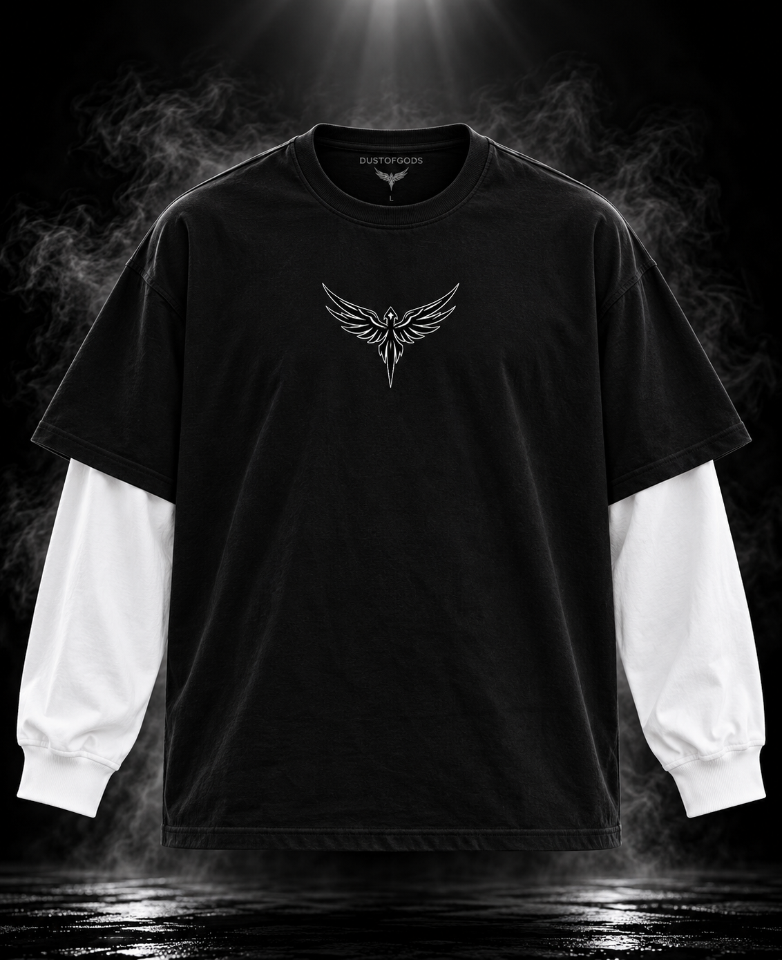 DUSTOFGODS Originals layered sleeve black oversized unisex T-shirt front with white long sleeves and wing graphic