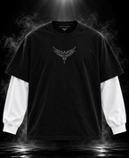 DUSTOFGODS Originals layered sleeve black oversized unisex T-shirt front with white long sleeves and wing graphic