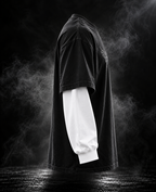DUSTOFGODS Originals layered sleeve black oversized unisex T-shirt side-back view with contrasting white sleeve layer