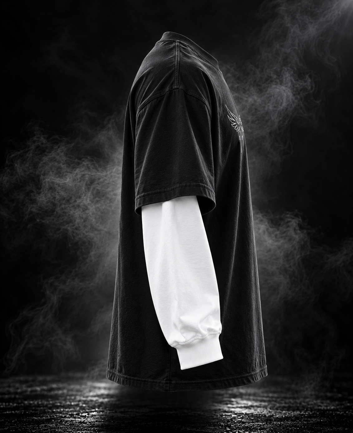 DUSTOFGODS Originals layered sleeve black oversized unisex T-shirt side-back view with contrasting white sleeve layer