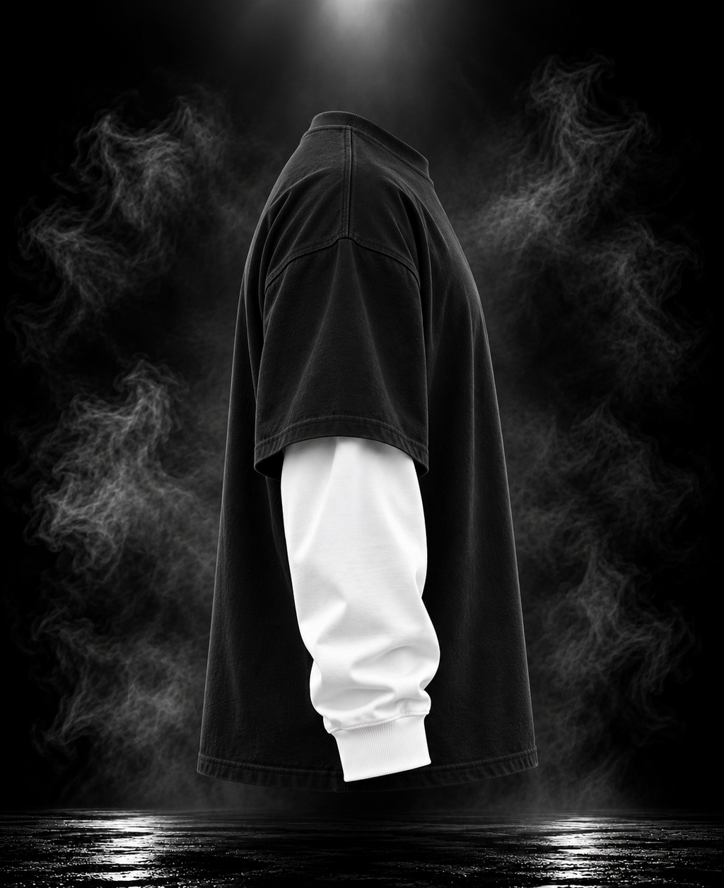 DUSTOFGODS Originals layered sleeve black oversized unisex T-shirt side profile showing contrasting white sleeve layer