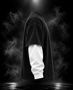 DUSTOFGODS Originals layered sleeve black oversized unisex T-shirt side profile showing contrasting white sleeve layer