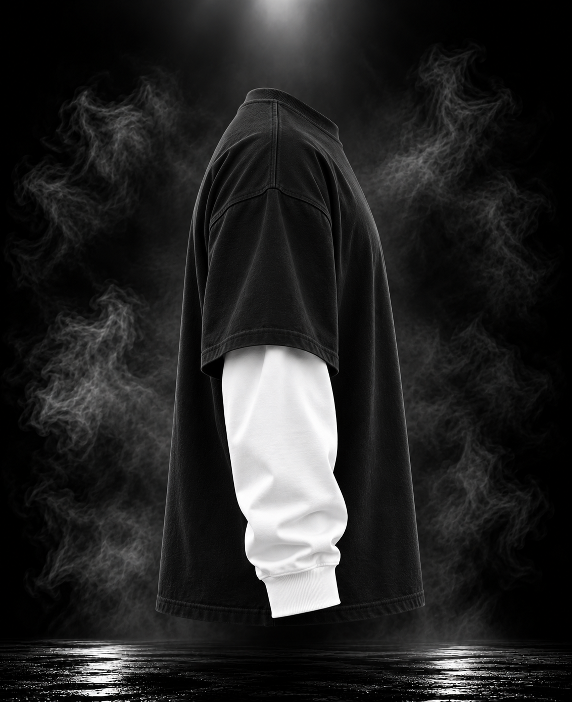 DUSTOFGODS Originals layered sleeve black oversized unisex T-shirt side profile showing contrasting white sleeve layer