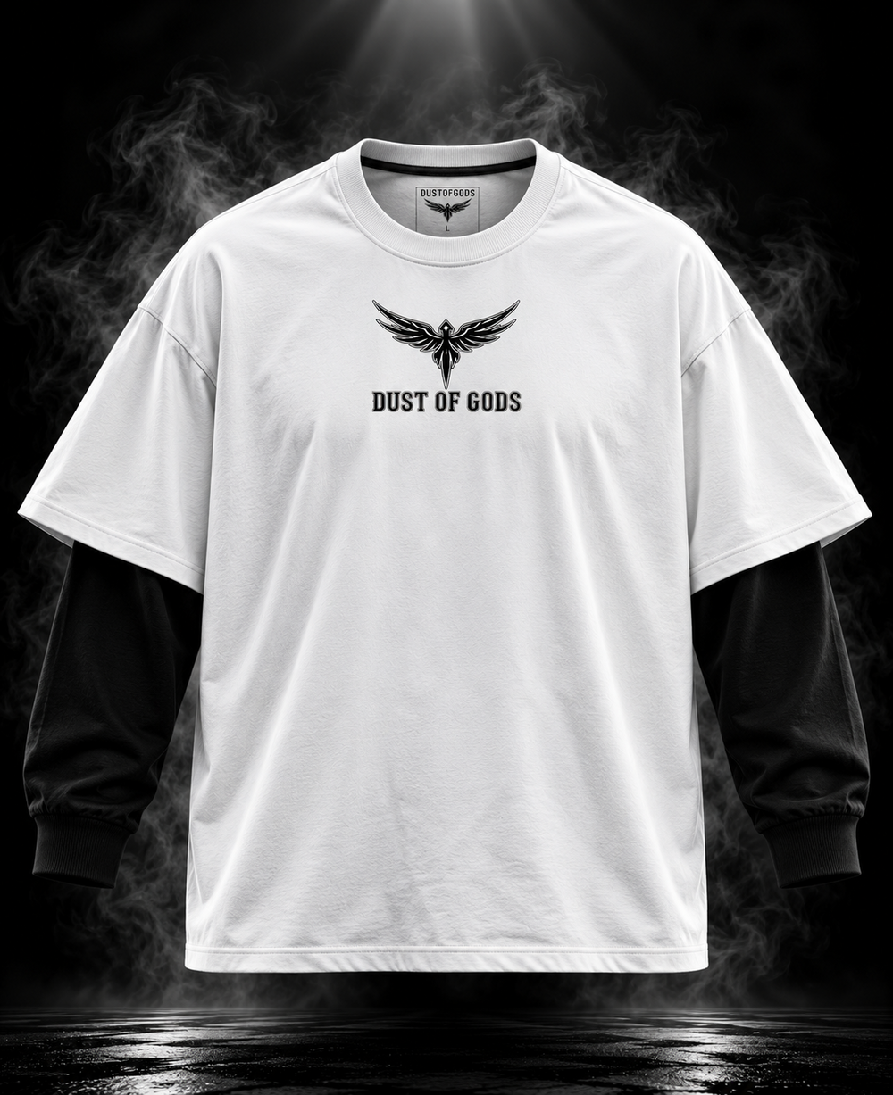 Originals Layered Sleeve white oversized unisex T-shirt with Dust of Gods wing graphic on the chest