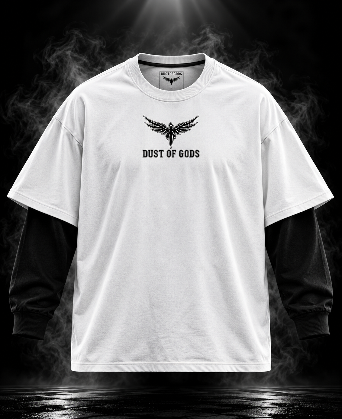 Originals Layered Sleeve white oversized unisex T-shirt with Dust of Gods wing graphic on the chest