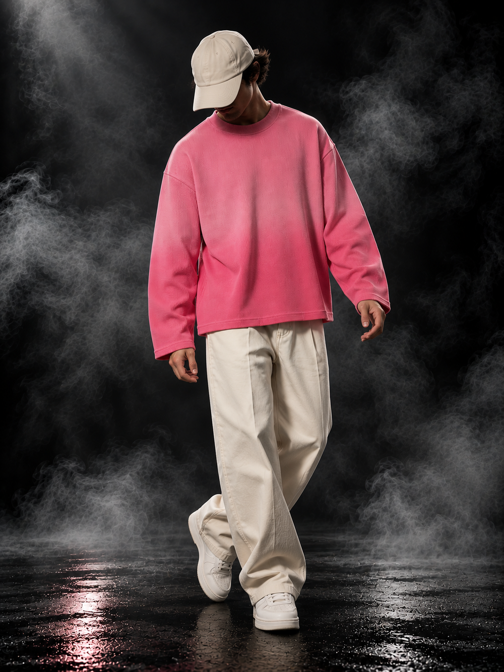 Originals Ombre Cupid Pink waffle knit oversized unisex full-sleeve T-shirt styled on a man