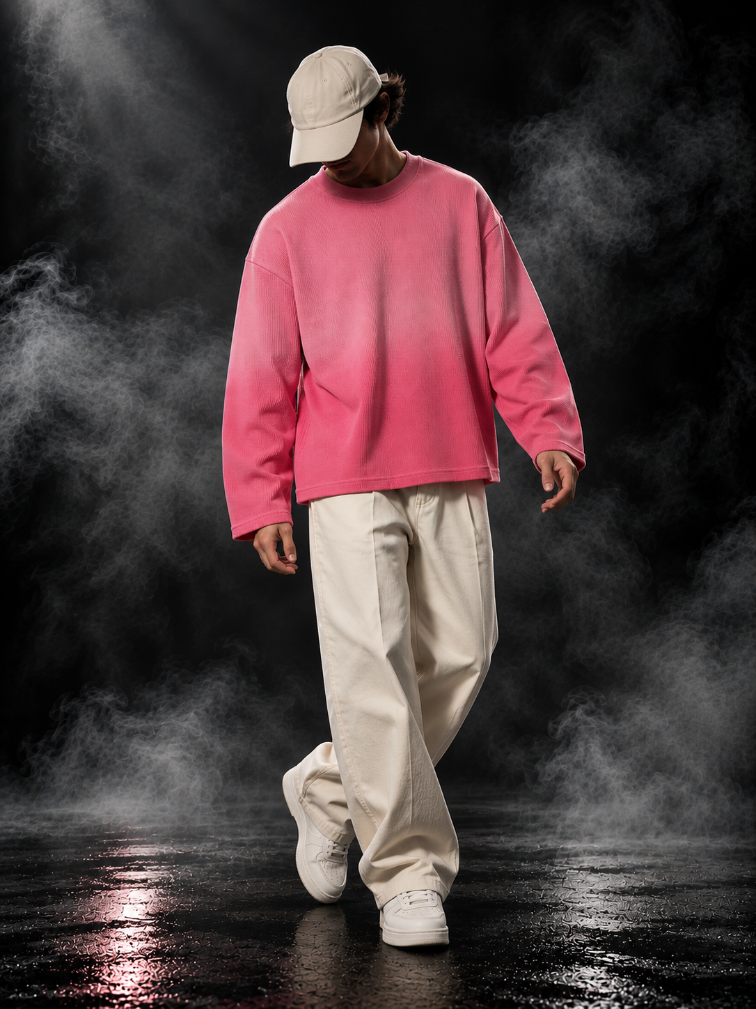 Originals Ombre Cupid Pink waffle knit oversized unisex full-sleeve T-shirt styled on a man