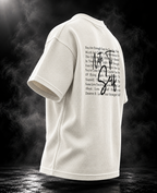 Originals off-white waffle boxy fit unisex T-shirt angled back view with self-worth typography graphic