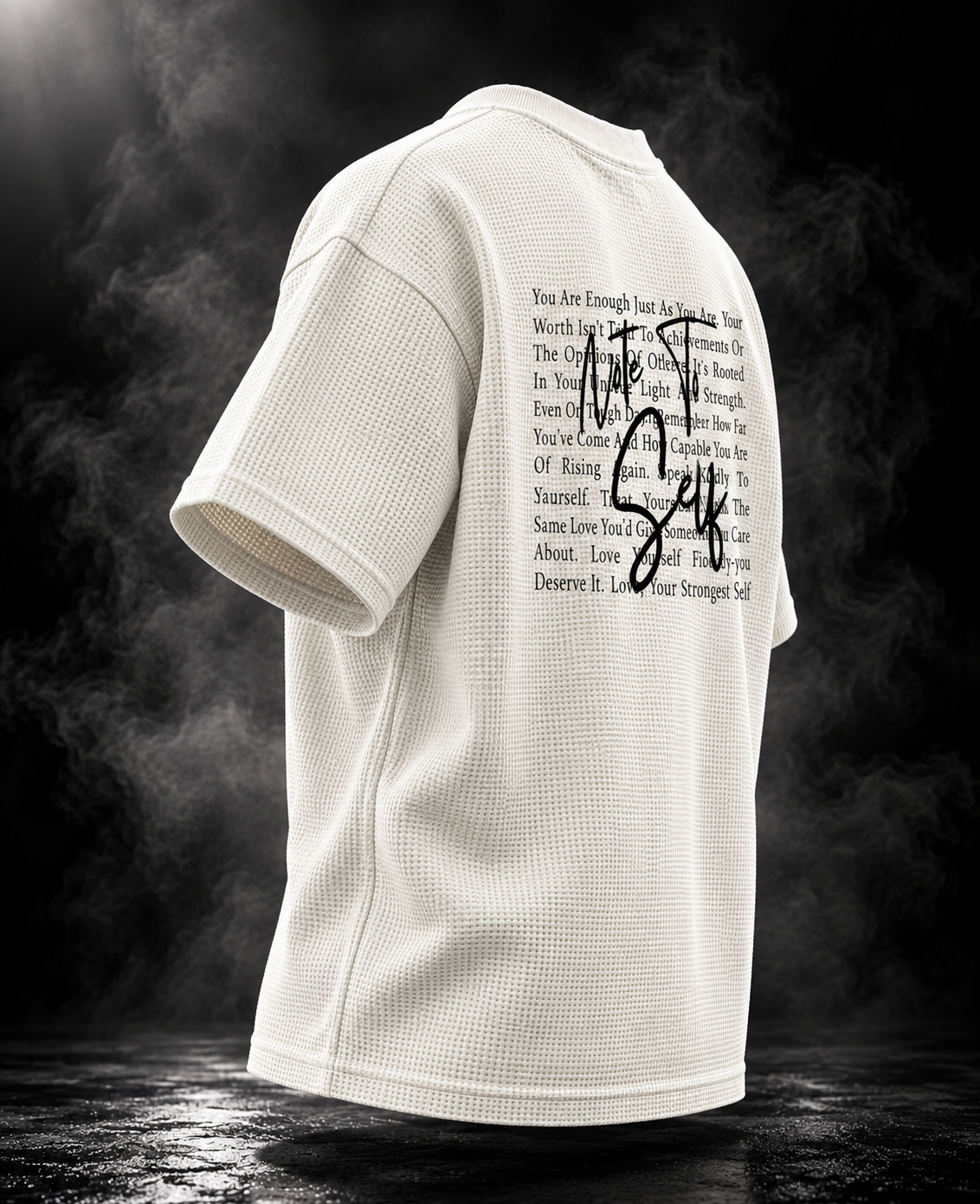 Originals off-white waffle boxy fit unisex T-shirt angled back view with self-worth typography graphic