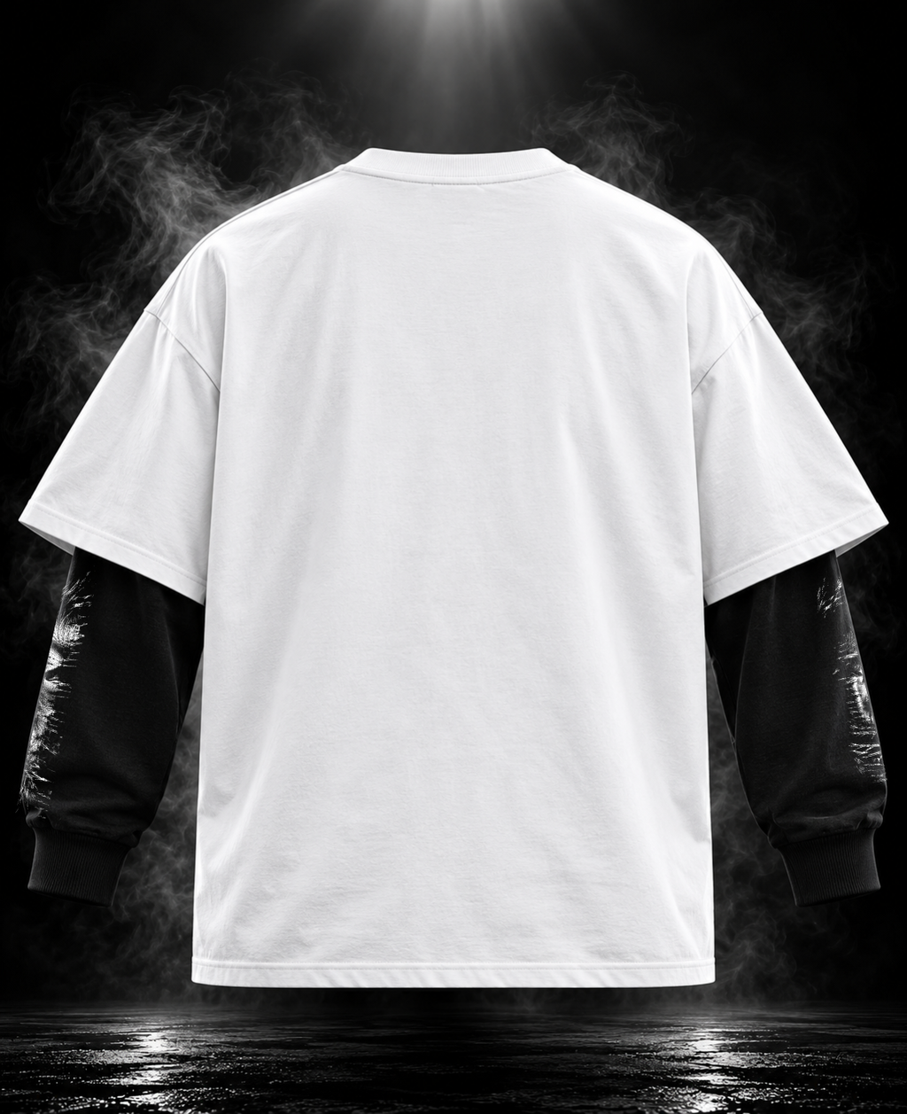 Power oversized white layered sleeve unisex T-shirt detail with contrasting black illustrated sleeve