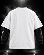 Power oversized white layered sleeve unisex T-shirt detail with contrasting black illustrated sleeve