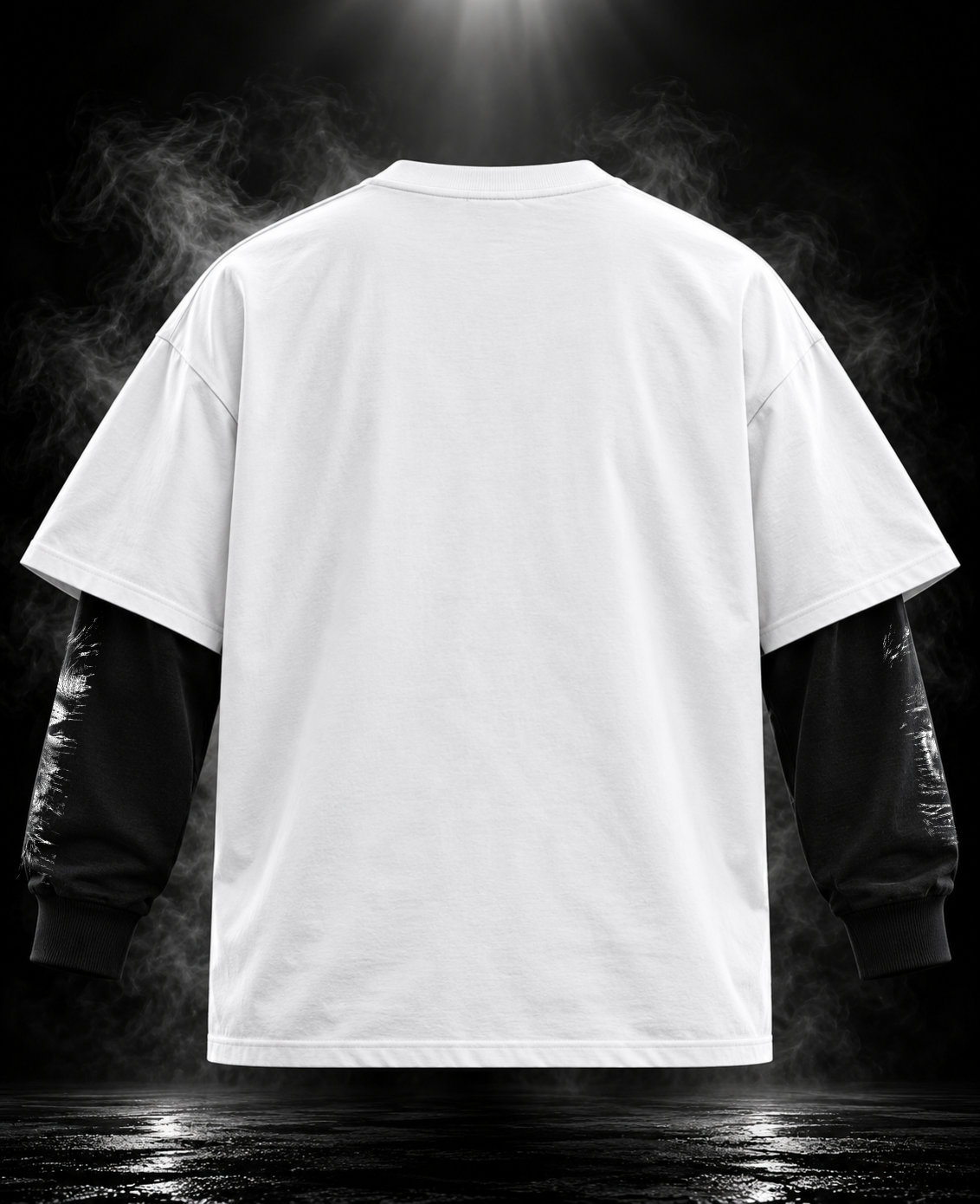 Power oversized white layered sleeve unisex T-shirt detail with contrasting black illustrated sleeve