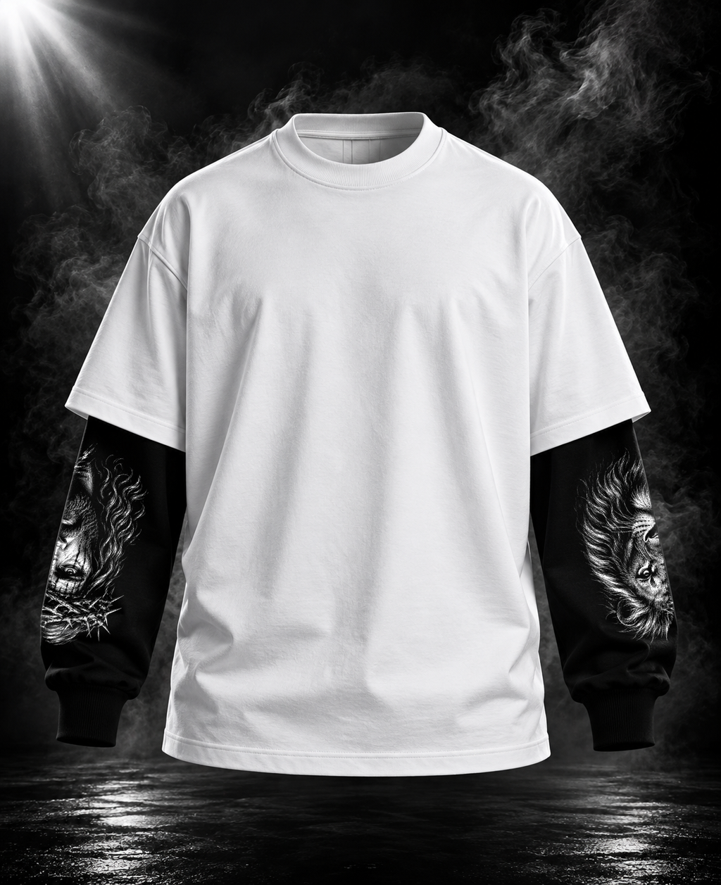 Power oversized white layered sleeve unisex T-shirt front with black illustrated sleeves