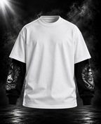 Power oversized white layered sleeve unisex T-shirt front with black illustrated sleeves