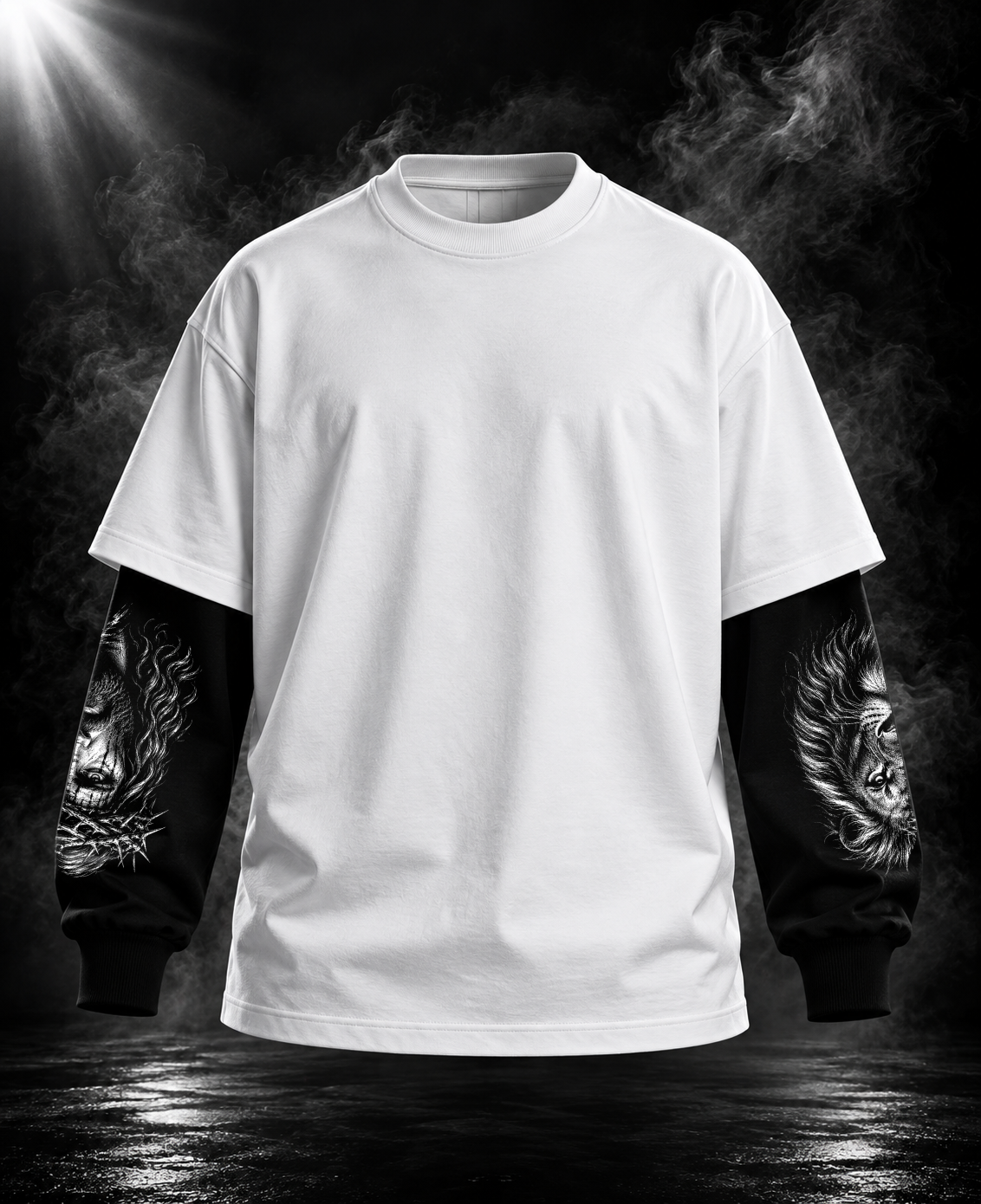 Power oversized white layered sleeve unisex T-shirt front with black illustrated sleeves