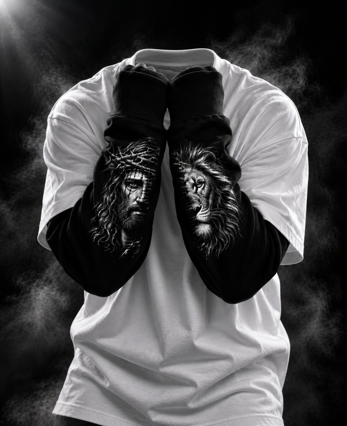 Power oversized white layered sleeve unisex T-shirt with black illustrated lion and crown sleeves