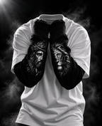 Power oversized white layered sleeve unisex T-shirt with black illustrated lion and crown sleeves
