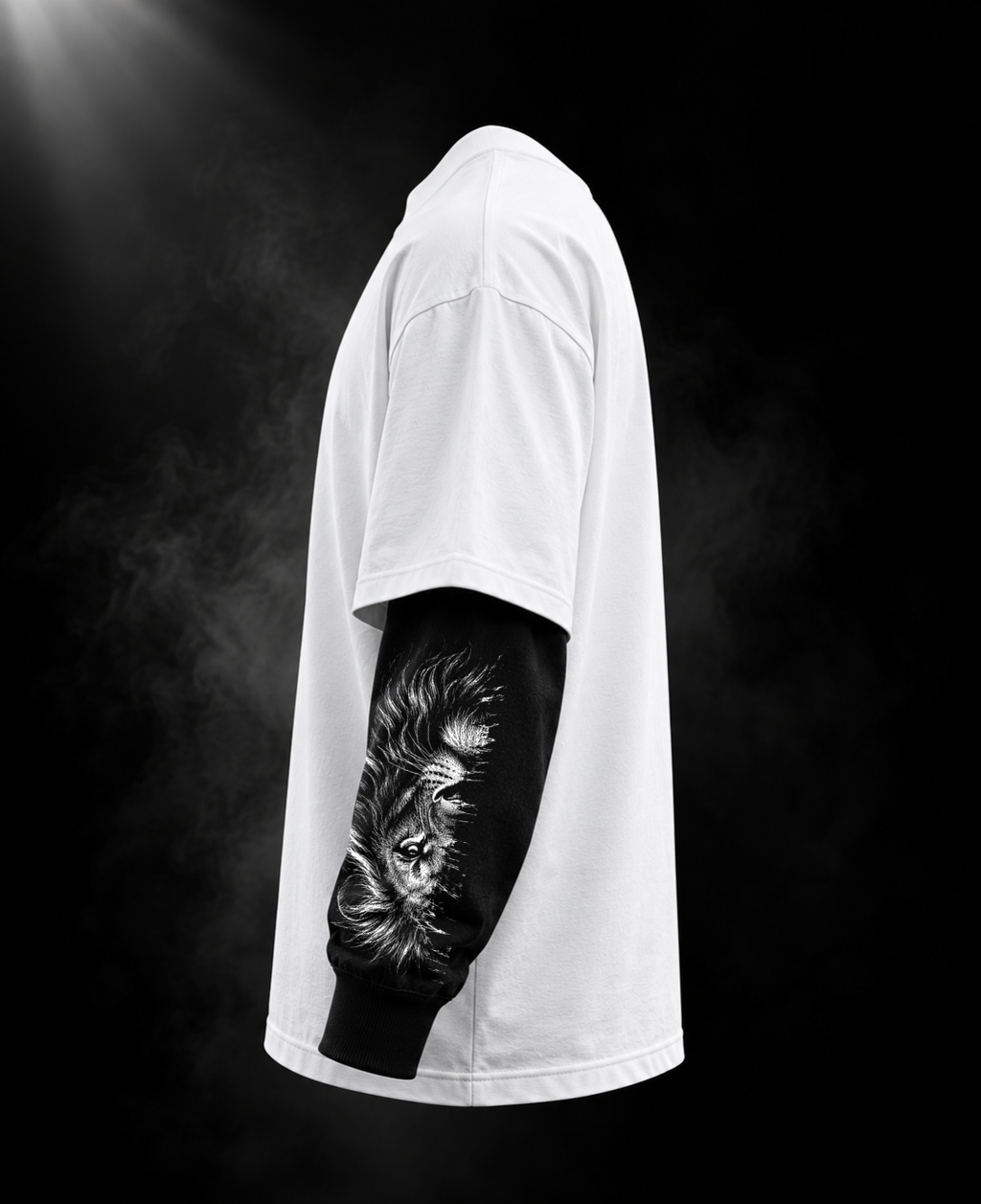 Power oversized white layered sleeve unisex T-shirt side view with black illustrated sleeves