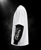 Power oversized white layered sleeve unisex T-shirt side view with black illustrated sleeves