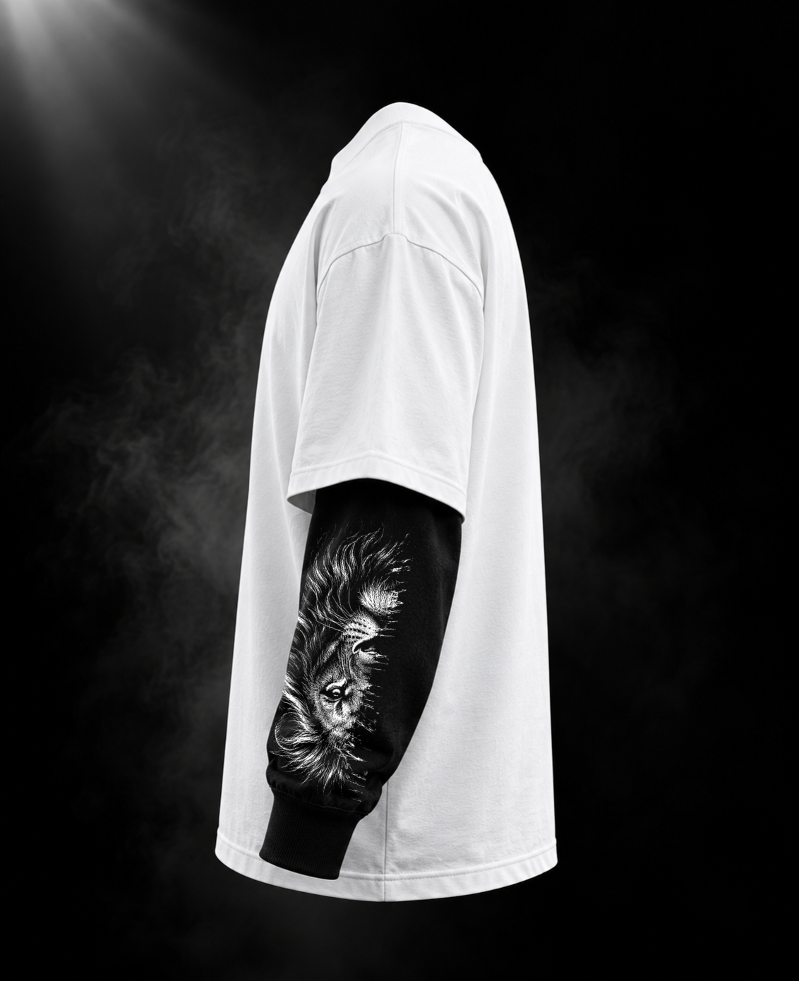 Power oversized white layered sleeve unisex T-shirt side view with black illustrated sleeves