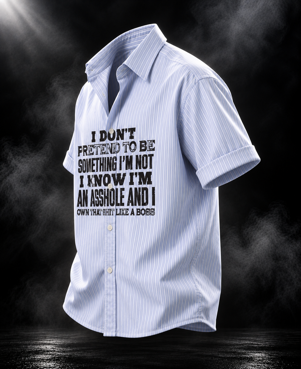 Pretend DUST OF GODS light blue striped boxy fit unisex shirt angled view with bold black statement graphic