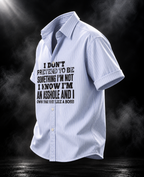 Pretend DUST OF GODS light blue striped boxy fit unisex shirt angled view with bold black statement graphic