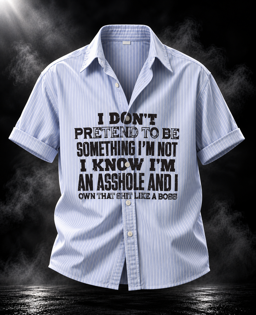 Pretend DUST OF GODS light blue striped boxy fit unisex shirt front with bold black statement graphic