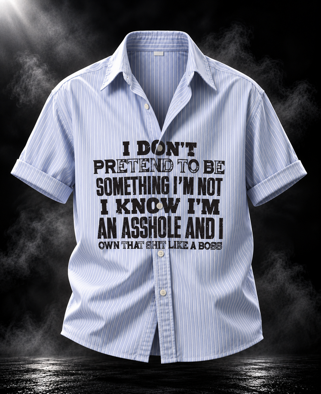 Pretend DUST OF GODS light blue striped boxy fit unisex shirt front with bold black statement graphic