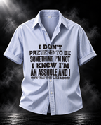 Pretend DUST OF GODS light blue striped boxy fit unisex shirt front with bold black statement graphic