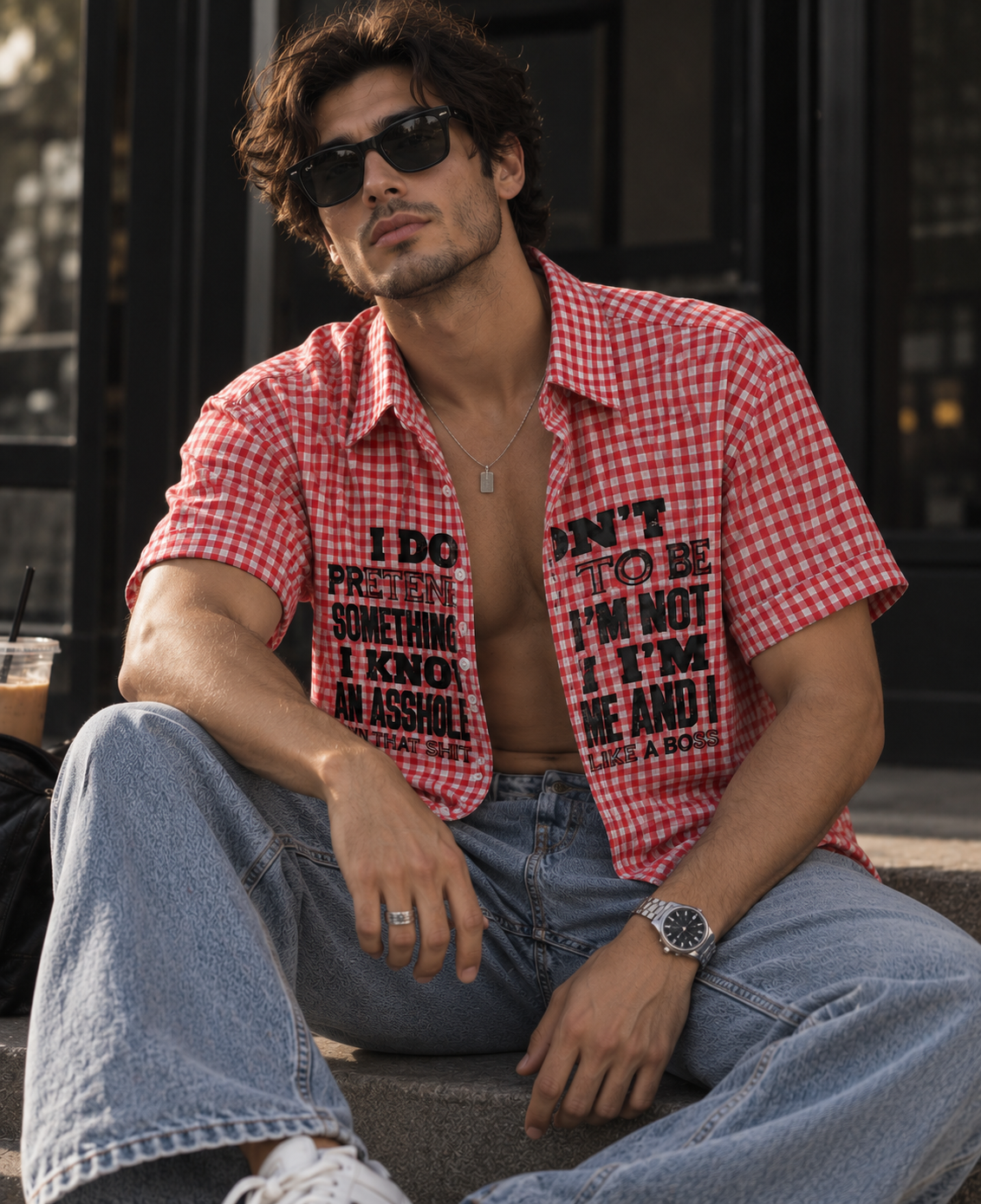Pretend Red Boxy Fit Unisex Shirt by DUSTOFGODS worn in a streetwear outfit