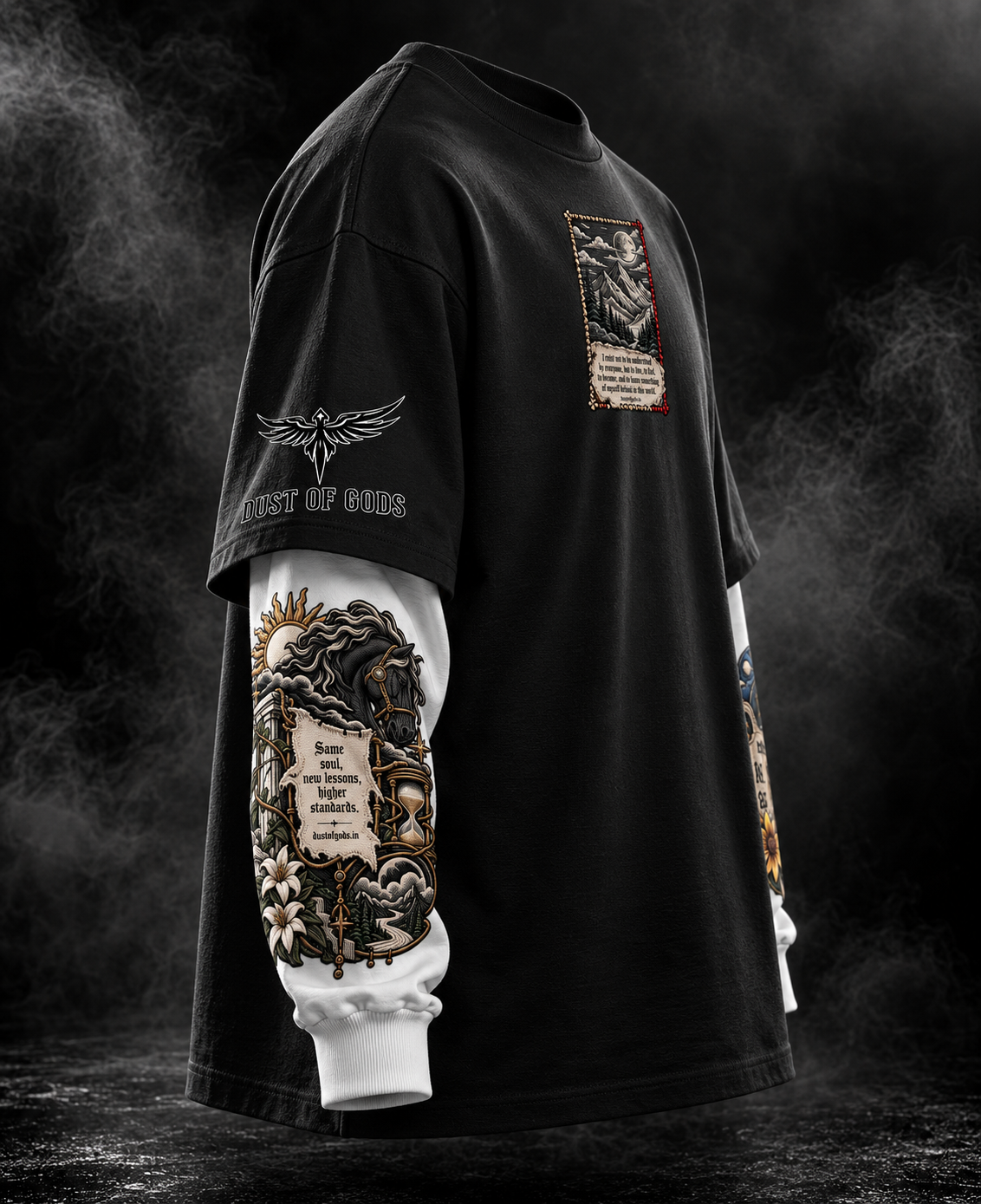 Quiet Mind Black Oversized Doctor Sleeve Unisex T-Shirt by DUSTOFGODS, black oversized tee with white illustrated doctor sleeve featuring a horse, hourglass and mountain artwork.