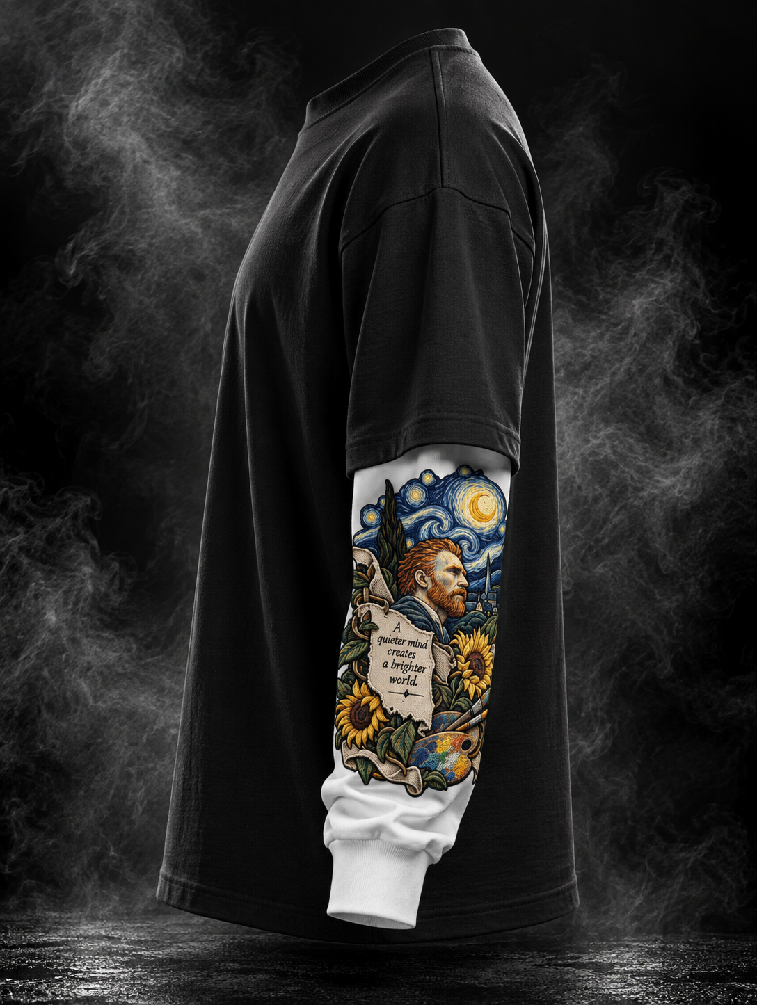 Quiet Mind Black Oversized Doctor Sleeve Unisex T-Shirt by DUSTOFGODS, side view of the black tee with white illustrated sleeve featuring portrait, night-sky and sunflower artwork.