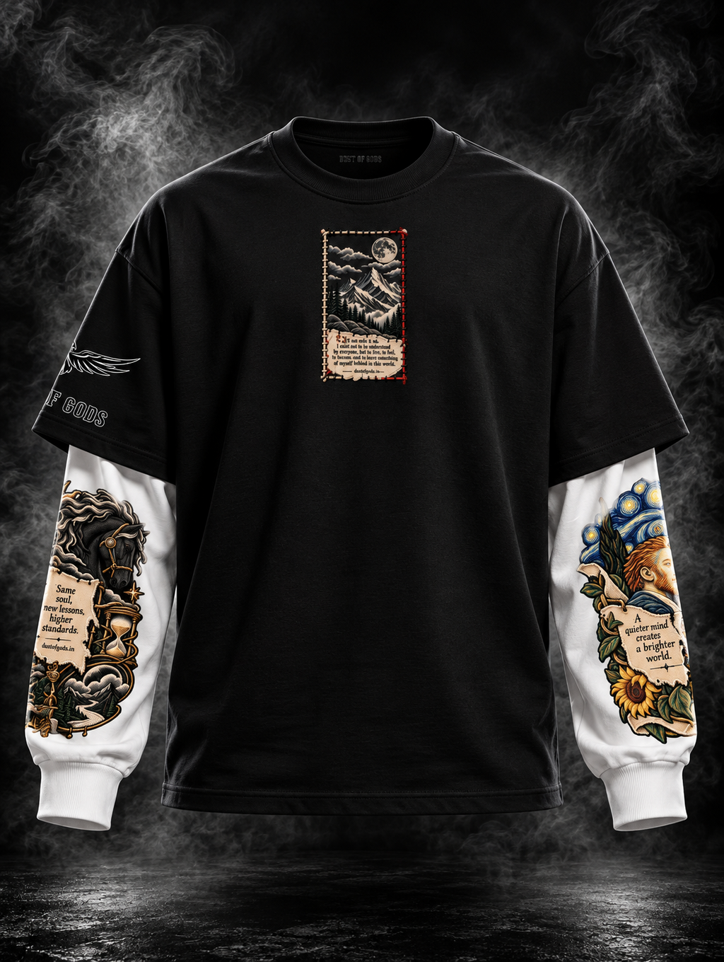 Quiet Mind Black Oversized Doctor Sleeve Unisex T-Shirt by DUSTOFGODS, front view of the black oversized tee with contrasting white illustrated doctor sleeves and central mountain graphic.