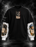 Quiet Mind Black Oversized Doctor Sleeve Unisex T-Shirt by DUSTOFGODS, front view of the black oversized tee with contrasting white illustrated doctor sleeves and central mountain graphic.