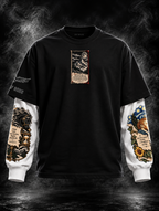 Quiet Mind Black Oversized Doctor Sleeve Unisex T-Shirt by DUSTOFGODS, front view of the black oversized tee with contrasting white illustrated doctor sleeves and central mountain graphic.