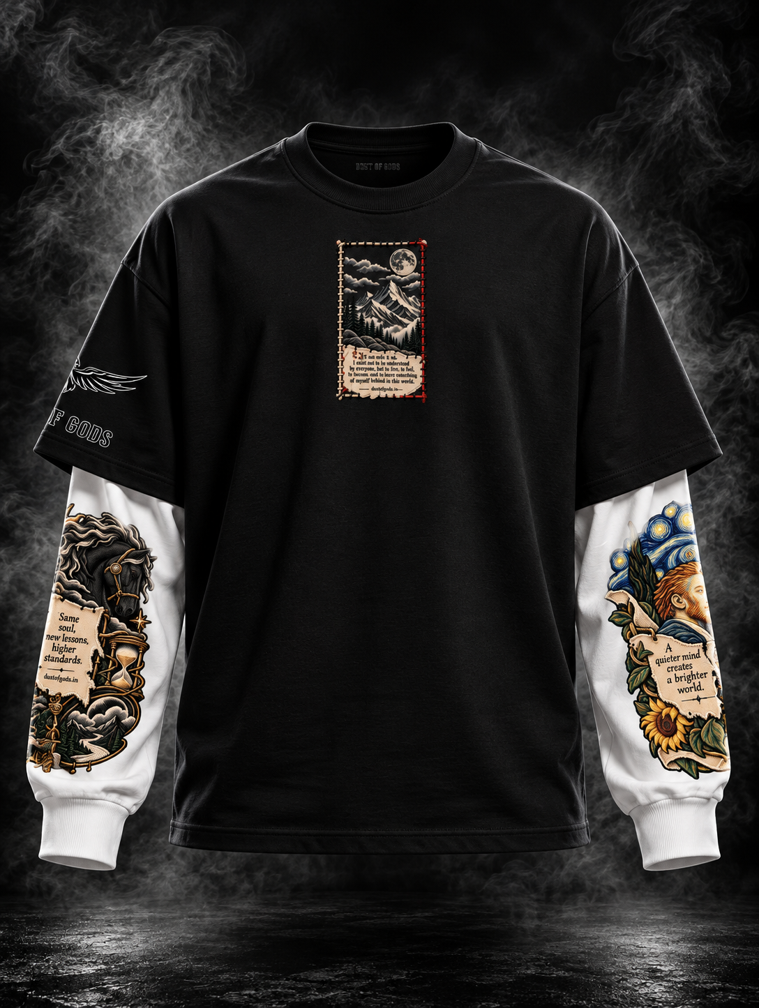 Quiet Mind Black Oversized Doctor Sleeve Unisex T-Shirt by DUSTOFGODS, front view of the black oversized tee with contrasting white illustrated doctor sleeves and central mountain graphic.