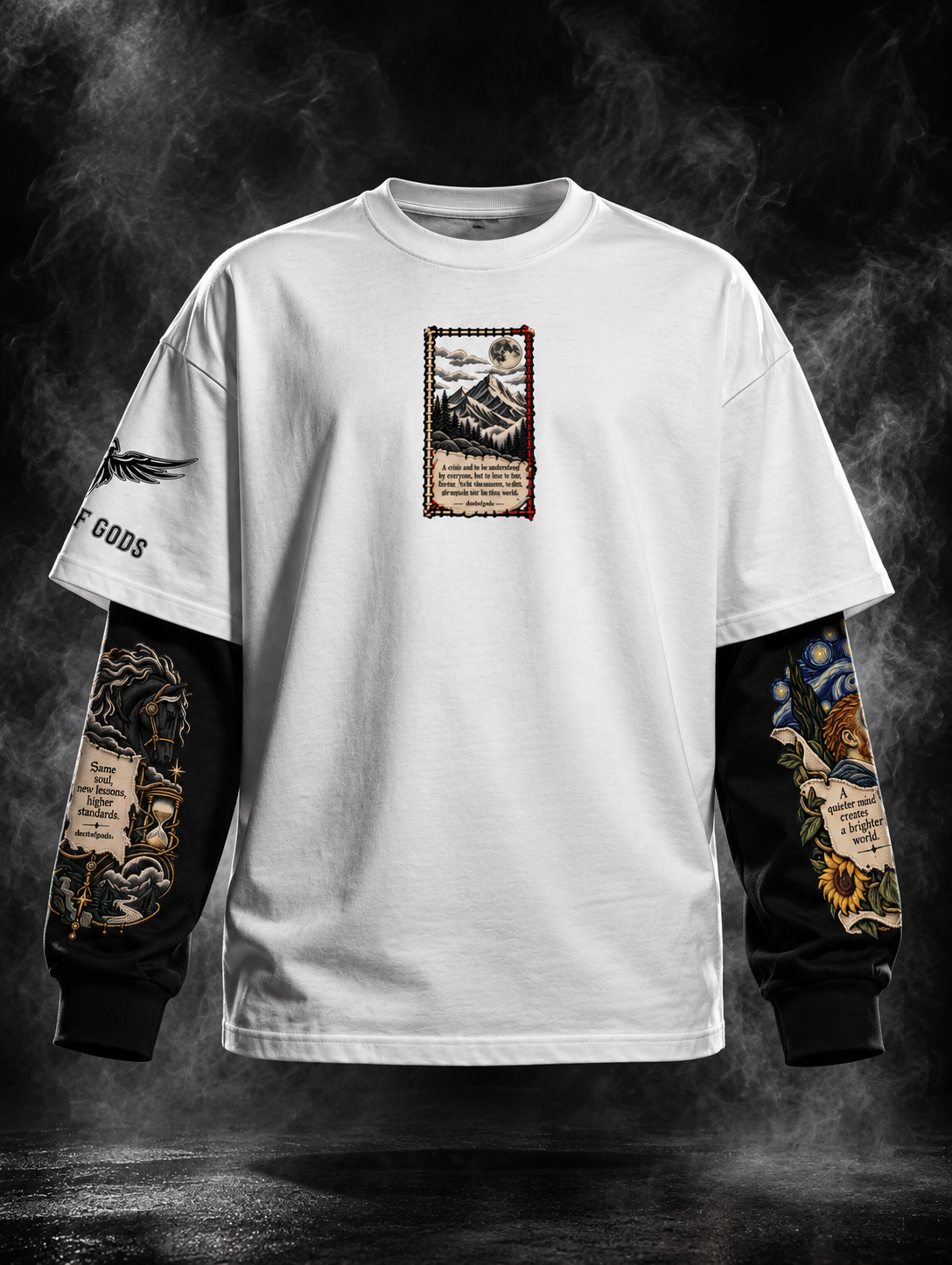 Quiet Mind Oversized Doctor Sleeve Unisex T-Shirt by DUSTOFGODS, white oversized tee with black contrast sleeves, central mountain graphic and illustrated sleeve artwork.