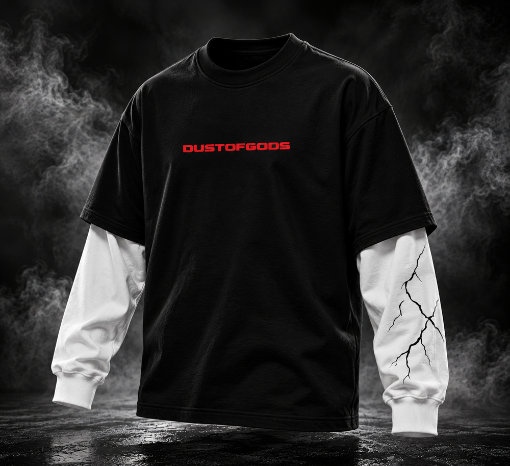 DUSTOFGODS Red Flag oversized layered sleeve unisex t-shirt in black with white sleeves and red chest logo