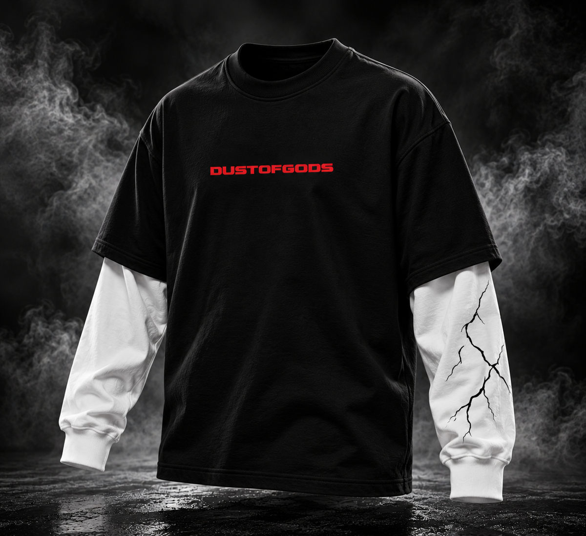 DUSTOFGODS Red Flag oversized layered sleeve unisex t-shirt in black with white sleeves and red chest logo